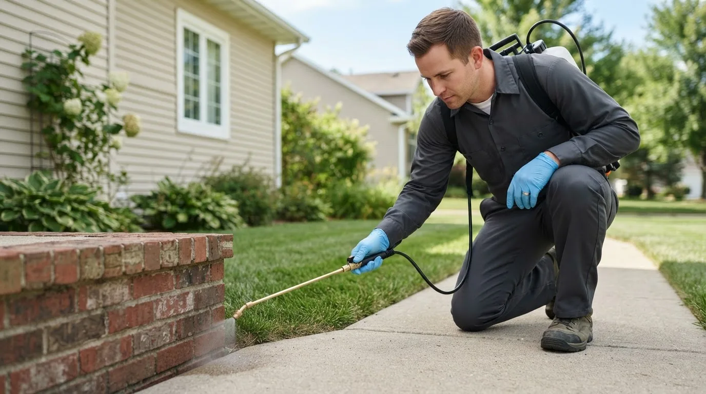 Pest control technician treating a home near Hume, MO