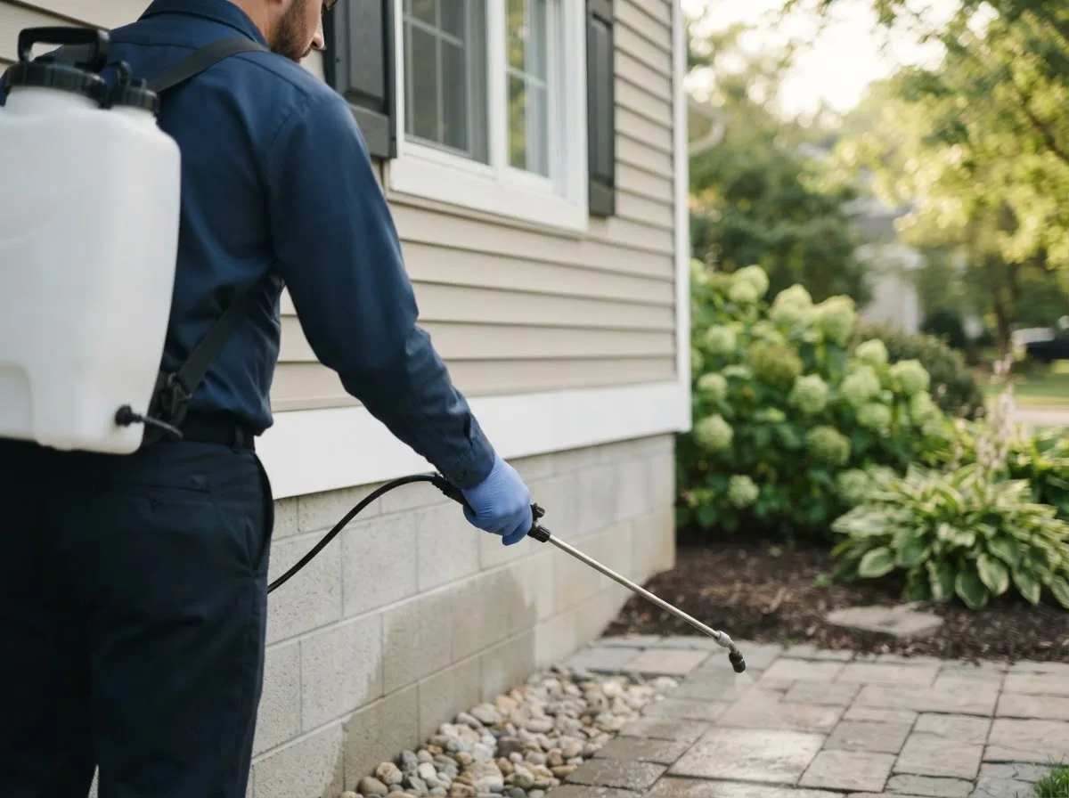 Pest control technician inspecting a home in Hume, MO